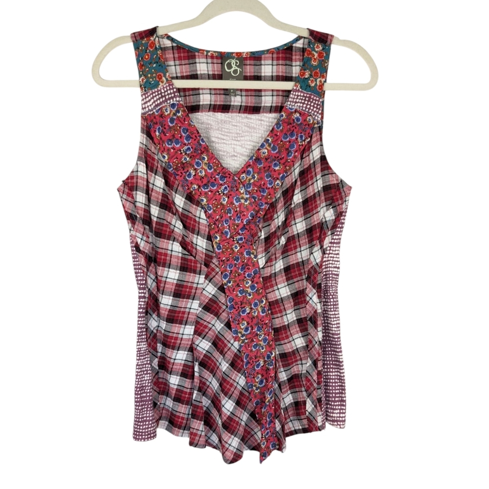 One September Plaid Floral Mixed Print Sleeveless Tank Top Red Pink - P